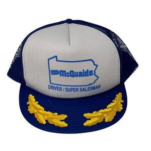 McQuaide Trucker Hat Vintage 80s Snapback Mesh Cap Gold Leaf White Blue